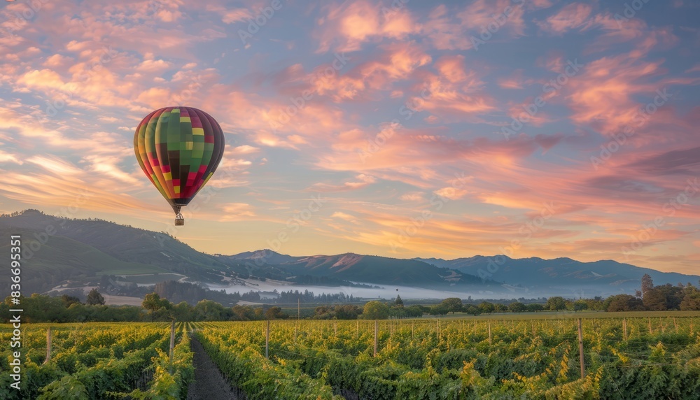 Obraz premium Napa Valley: A Serene Dawn with Hot Air Balloon Over Vineyards