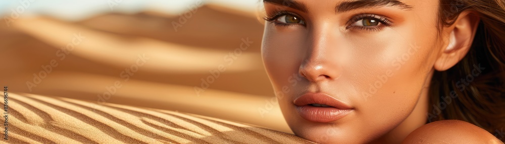 Close-up of a young woman with a tear on her face in the desert, with sunlight casting shadows Close-up of a young woman with a tear on her face in the desert, with sunlight casting shadows