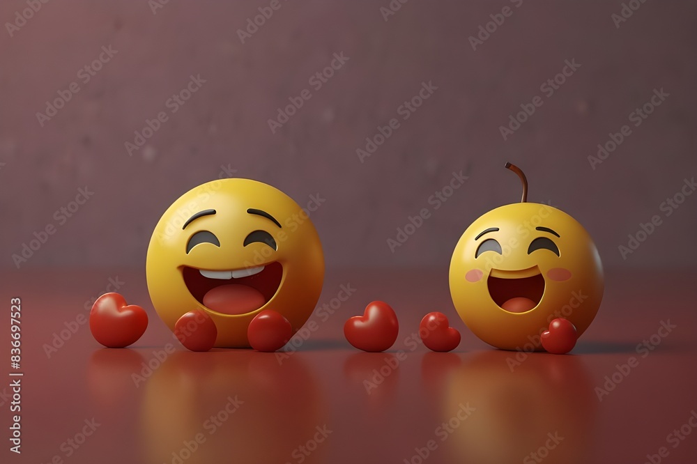 Transport yourself to a world of emotions with a 3D render of a laughing emoji and a sad emoji, both with stunning stylistic rendering and a detailed pastel red background. Transport yourself to a world of emotions with a 3D render of a laughing emoji and a sad emoji, both with stunning stylistic rendering and a detailed pastel red background.