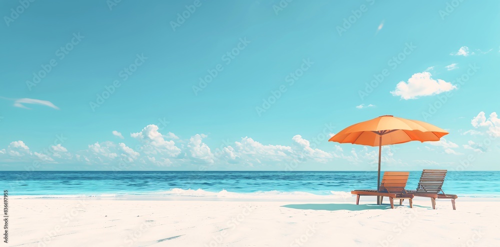 Obraz premium Tropical Paradise: Beach Chairs and Umbrella on White Sand Beach with Blue Sky - Summer Vacation Concept