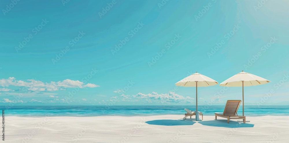 Serene Summer Getaway: 3D Rendering of Beach Chairs, Umbrella on White Sand by Sea with Blue Sky Background, Vacation Concept. Copy Space. 8K Image. Serene Summer Getaway: 3D Rendering of Beach Chairs, Umbrella on White Sand by Sea with Blue Sky Background, Vacation Concept. Copy Space. 8K Image.