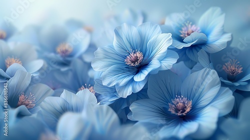 Detailed illustration of blue flowers with intricate petal patterns and subtle gradients, set against a soft, pastel blue background for a serene and calming effect. Minimal and Simple, #836698543