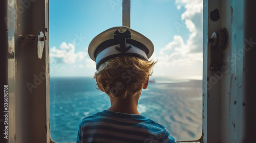 A small child in a captain's hat stands by the window, staring at the distant horizon of the sea. His eyes are full of curiosity and dreams of great adventures on the open sea. photo
