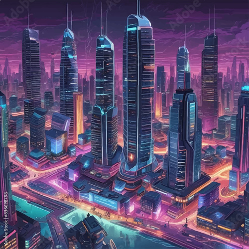 Step into the future with this captivating digital illustration of a neon-lit cityscape. Skyscrapers and futuristic vehicles create a dynamic scene that embodies innovation and progress. photo