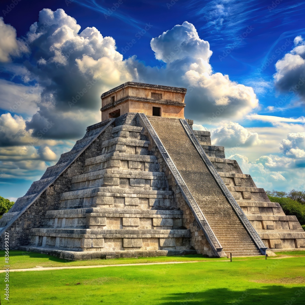 Ancient Mayan Pyramid of Kukulkan in Chichen Itza, Mexico, Under a Clear Sky. Generative AI Ancient Mayan Pyramid of Kukulkan in Chichen Itza, Mexico, Under a Clear Sky. Generative AI