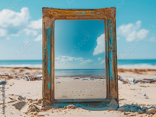 Mirror on beach with sky background