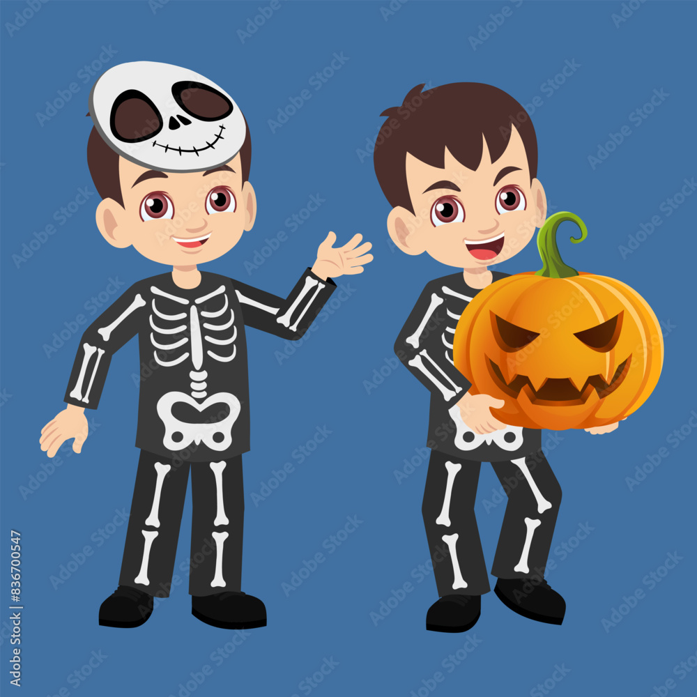Happy cute little kid boy in skeleton costume holding big pumpkin celebrating festival Halloween Happy cute little kid boy in skeleton costume holding big pumpkin celebrating festival Halloween