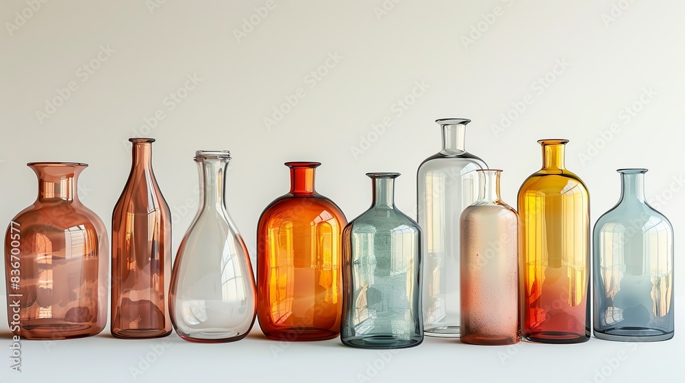 A collection of glass bottle mockups in various shapes and sizes, featuring clear, frosted, and colored glass options, set against a simple white background for a clean presentation. Minimal and A collection of glass bottle mockups in various shapes and sizes, featuring clear, frosted, and colored glass options, set against a simple white background for a clean presentation. Minimal and