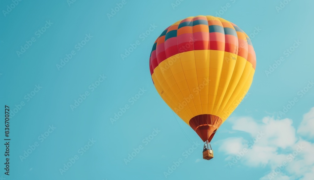 Naklejka premium A Vibrant Journey: A Yellow and Red Hot Air Balloon Soaring Through the Blue Sky
