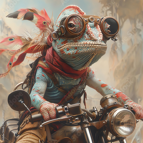 chameleon riding a motorcycle, glasses, flying feathers photo