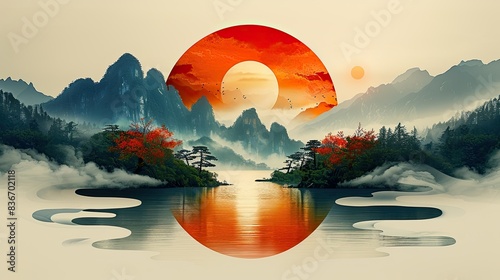 round logo,flat,three clouds with three colors counter-clockwise,withe a Feng Shui Eight Trigrams in the center,ancient chinese style,minimalist photo