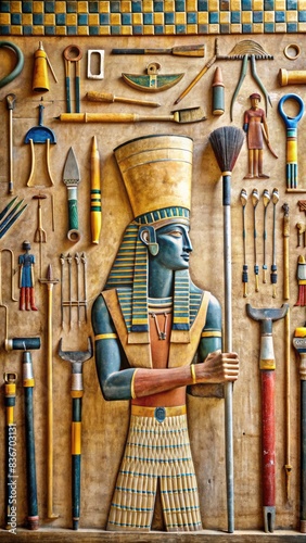 Ancient Egyptian Tools Depicted in Relief With God Aton Orz Standard Scale. Generative AI photo