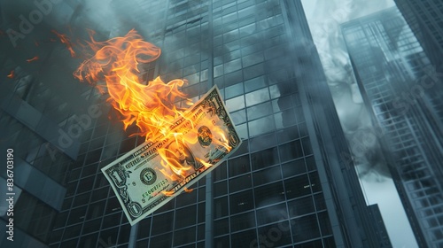 Dramatic Image of Burning Banknotes Representing Financial Market Volatility and Global Banking System Collapse Amid Glowing Embers and Sparks Symbolizing Instability and Uncertainty in Financial Cris