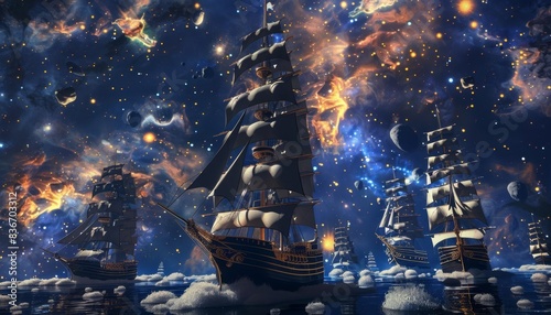 3D Model Abstract Art of Deep space voyaging abstract celestial armada of exploratory tall ships navigating nebulae