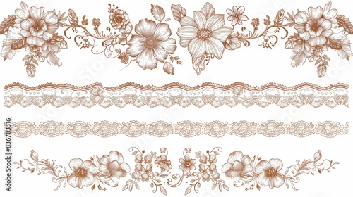 Intricate hand-drawn lace borders with delicate patterns, ideal for wedding invitations or elegant stationery