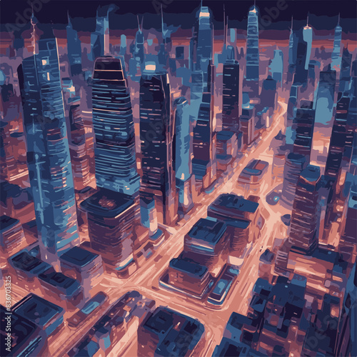 Step into the future with this captivating digital illustration of a neon-lit cityscape. Skyscrapers and futuristic vehicles create a dynamic scene that embodies innovation and progress.
