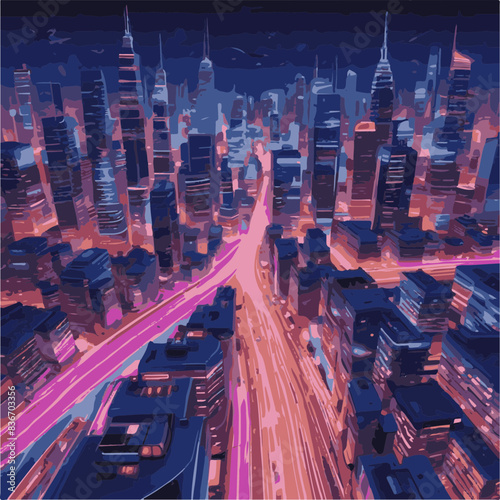 Step into the future with this captivating digital illustration of a neon-lit cityscape. Skyscrapers and futuristic vehicles create a dynamic scene that embodies innovation and progress.