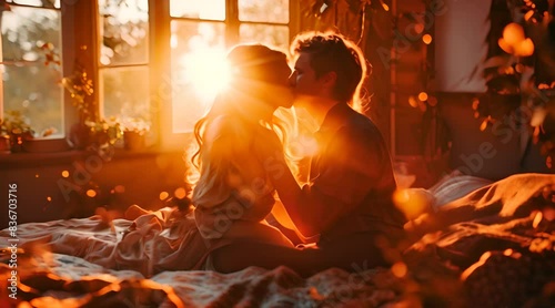The couple is smiling and hugging while spending time together in bed. Selective focus