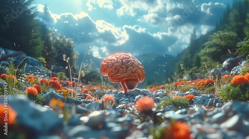 A human brain growing in a lush mountain meadow, symbolizing intellect and nature's power.