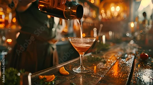 Barman pouring fresh alcoholic drink into the glasses with ice cubes on the bar counter