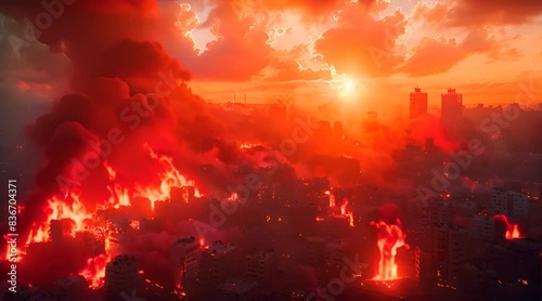 Warzone city with smoke and fire sources, concept art