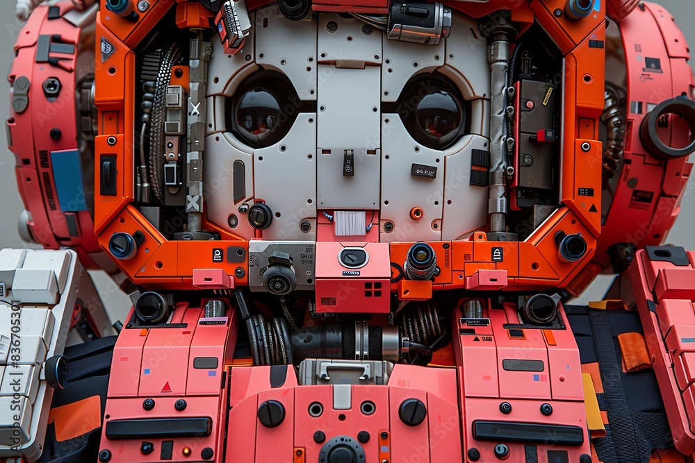 Close-up of a friendly, red and white robot with large, round eyes. Close-up of a friendly, red and white robot with large, round eyes.