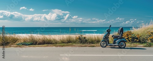 A mobility scooter is parked on a coastal pathway overlooking a bright blue sea on a clear, sunny day. photo