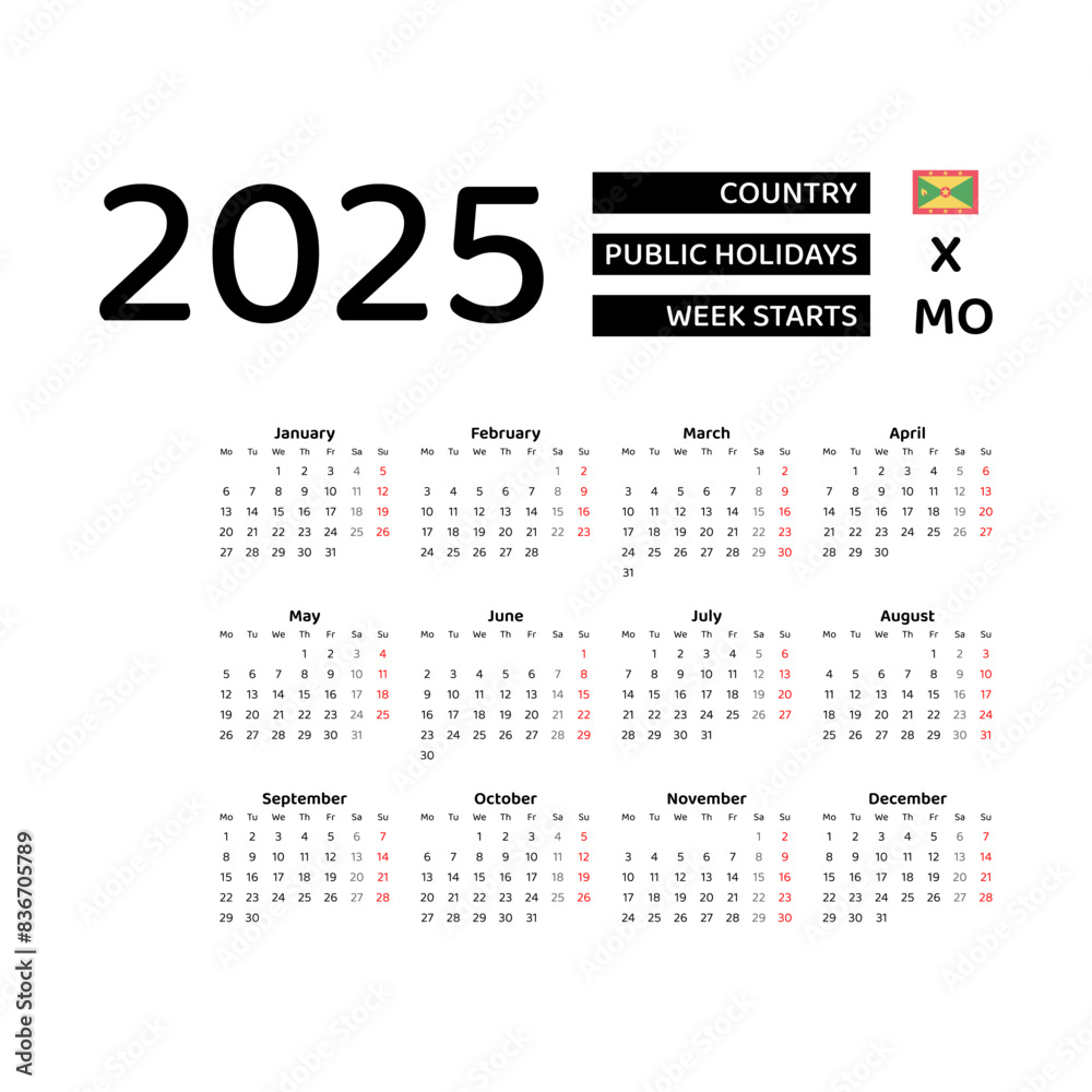 Grenada calendar 2025. Week starts from Monday. Vector graphic design. English language. Grenada calendar 2025. Week starts from Monday. Vector graphic design. English language.