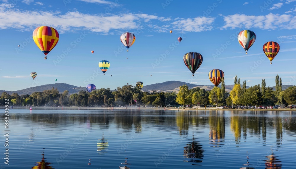 Fototapeta premium Magical Moments in the Sky: Hot Air Balloons Soar Above Lake Burley Griffin in Canberra Festival