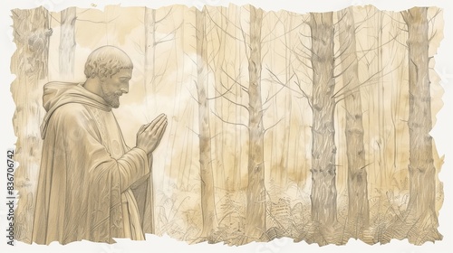 Saint Edmund the Martyr in Prayer Before Capture, Peaceful Forest Setting, Biblical Illustration, Beige Background, Copyspace