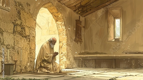 Saint Drogo in Deep Prayer, Small Hermitage, Solitude and Devotion, Biblical Illustration, Beige Background, Copyspace photo