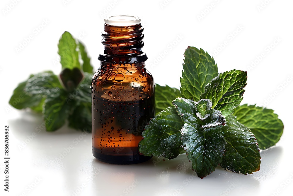 Peppermint essential oil in amber dropper bottle with fresh mint leaf isolated on white background Peppermint essential oil in amber dropper bottle with fresh mint leaf isolated on white background