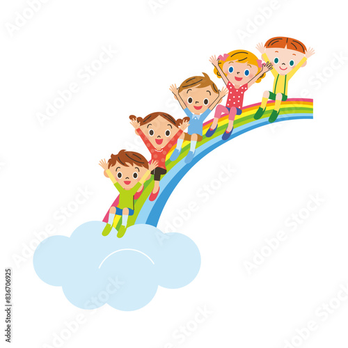 大きな虹にを滑る笑顔の子供達
