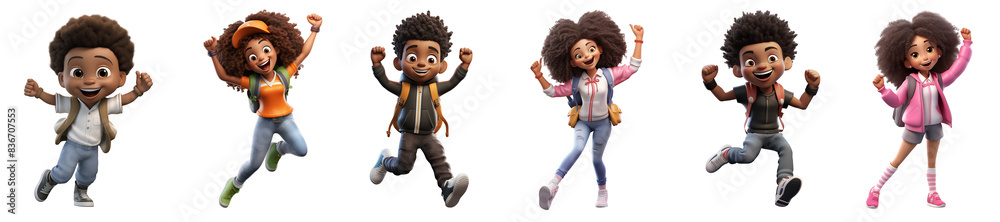 Set of 3d cartoon happy smile cheerful school children standing celebrating success, Full body isolated on white background, png Set of 3d cartoon happy smile cheerful school children standing celebrating success, Full body isolated on white background, png
