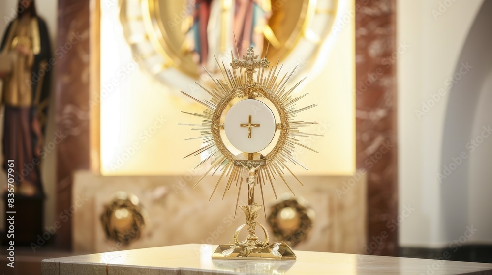 An ostensory, used for worship during a Catholic church service, is prominently displayed. It is ornate and golden, with a central host featuring a cross. An ostensory, used for worship during a Catholic church service, is prominently displayed. It is ornate and golden, with a central host featuring a cross.