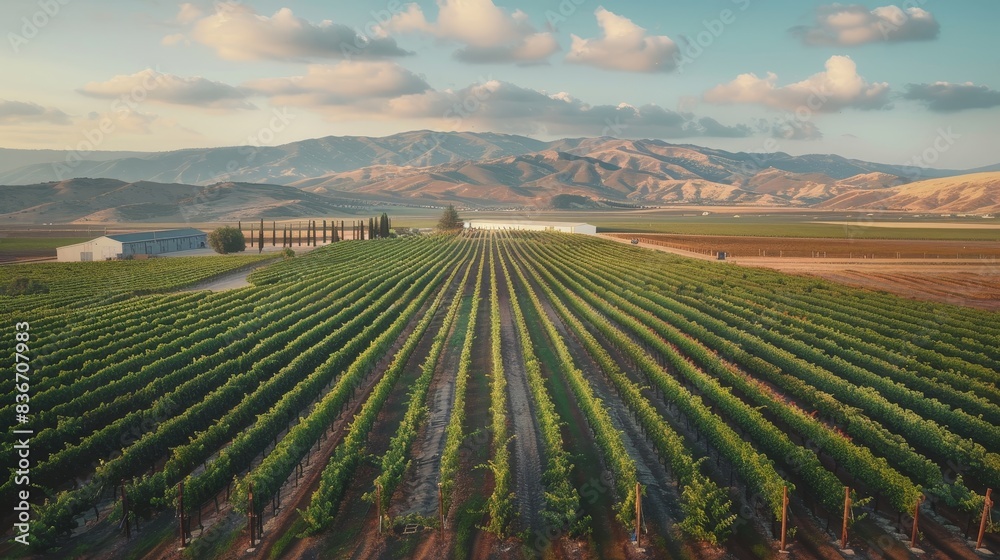 A picturesque vineyard using recycled water systems and eco-friendly practices generated by AI A picturesque vineyard using recycled water systems and eco-friendly practices generated by AI