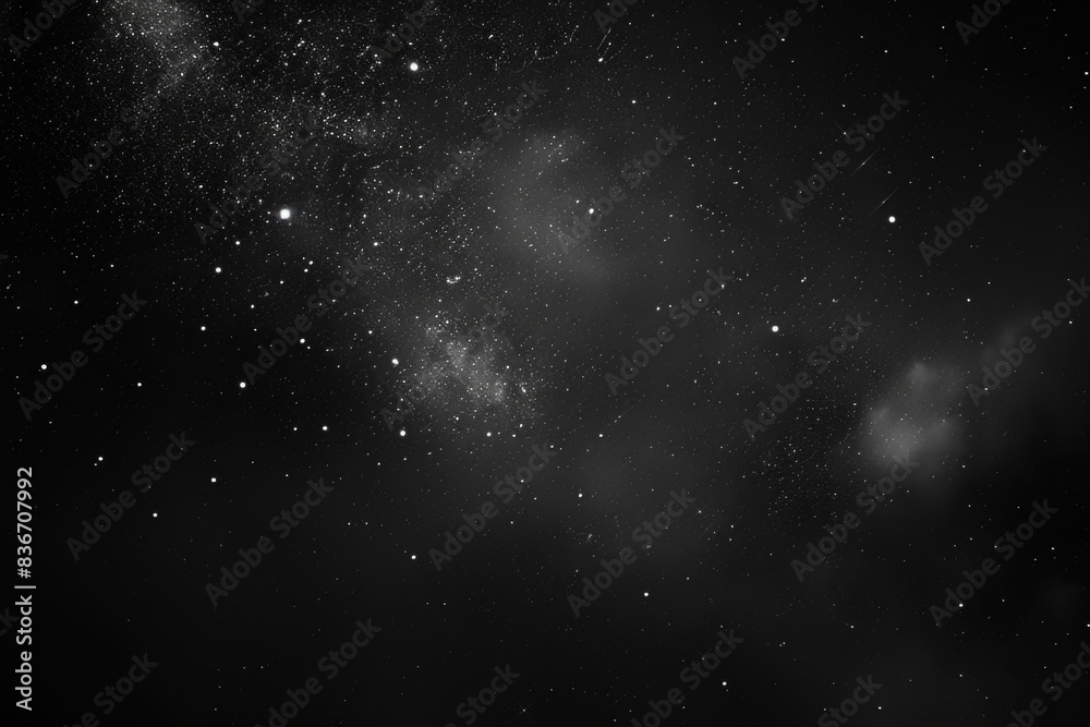 Starry night sky with a plane flying in the distance