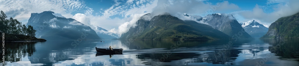 Panoramic landscape of a tranquil mountain lake surrounded by lush greenery and majestic mountains under a clear blue sky. Panoramic landscape of a tranquil mountain lake surrounded by lush greenery and majestic mountains under a clear blue sky.
