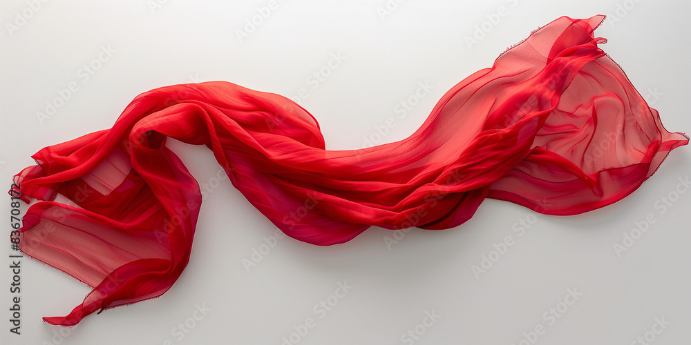 Großer, langer roter Schal, der seitwärts im Wind schwingt, auf einem weißen Hintergrund. Geeignet zur Fotobearbeitung. Großer, langer roter Schal, der seitwärts im Wind schwingt, auf einem weißen Hintergrund. Geeignet zur Fotobearbeitung.