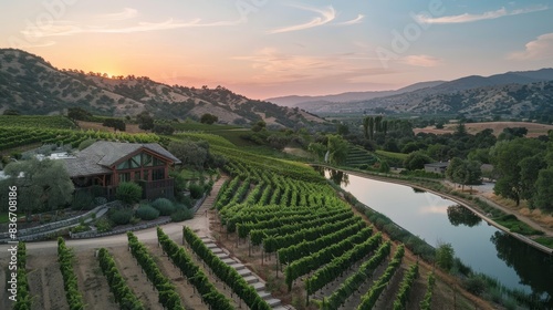 A picturesque vineyard using recycled water systems and eco-friendly practices generated by AI © PZPIXEL.AI