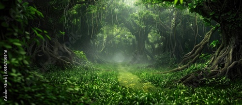 tropical jungle forest with tree roots and vines forming arches in the ground, green grassy path through the center of the frame, fantasy forest, magical, photo
