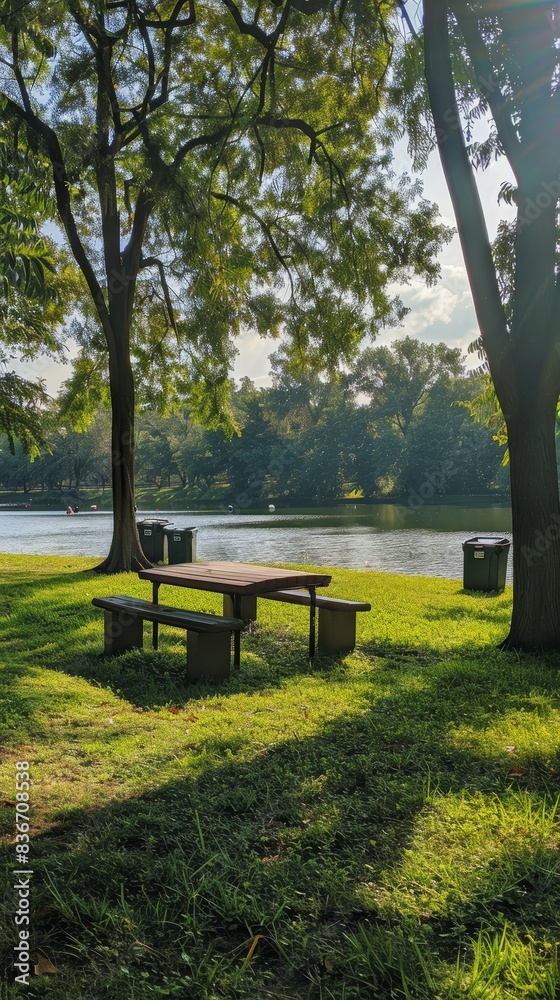 Fototapeta premium A serene lakeside picnic area with clearly marked recycling bins generated by AI