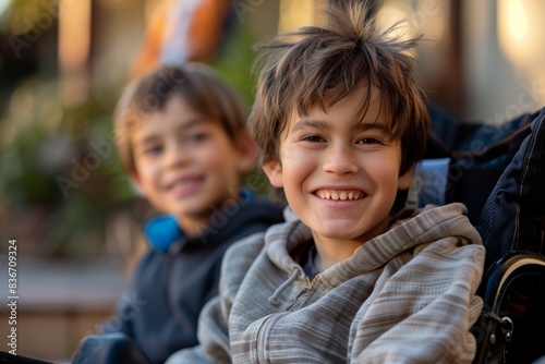 Portrait of two young Caucasian disabled children sitting in their wheelchairs, smiling happily looking at the camera, in an outdoor park. Child disability concept