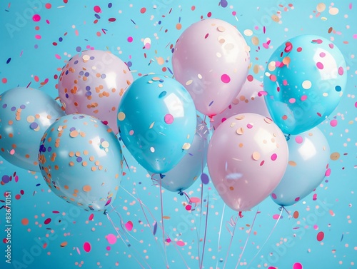 Balloons, confetti, blue background