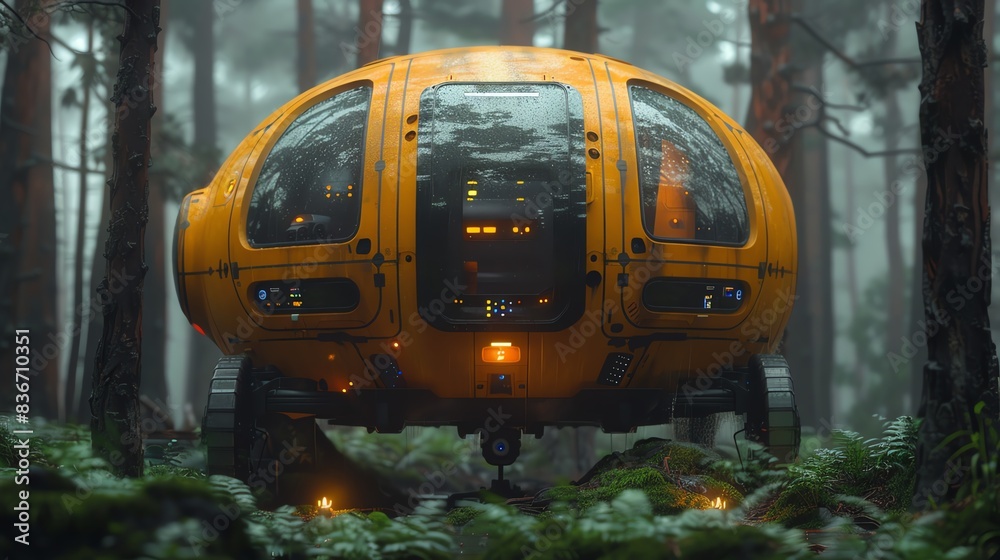Yellow off-road vehicle with a drone and a tent in the woods. Yellow off-road vehicle with a drone and a tent in the woods.