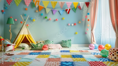  festive summer promotion background with colorful bunting on the walls and picnic blanket patterned floors. photo
