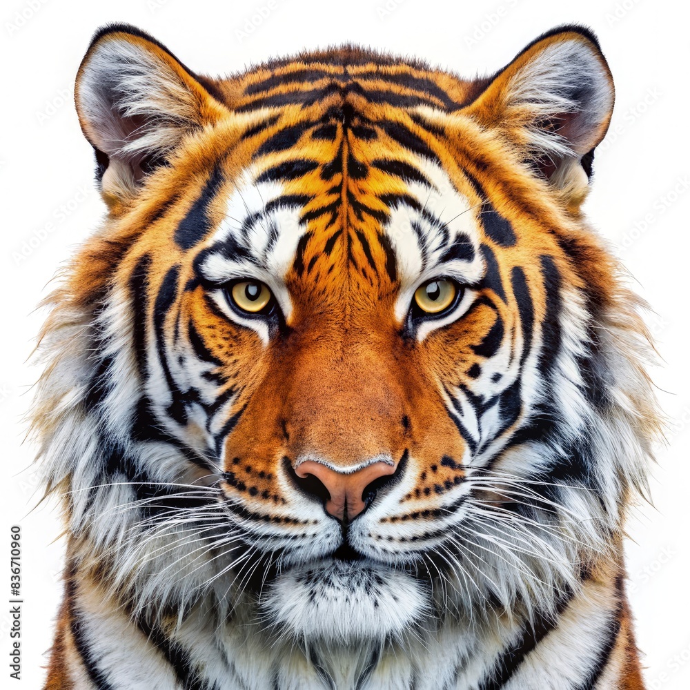 Close-Up Portrait of a Tigers Face Against a White Background. Generative AI Close-Up Portrait of a Tigers Face Against a White Background. Generative AI