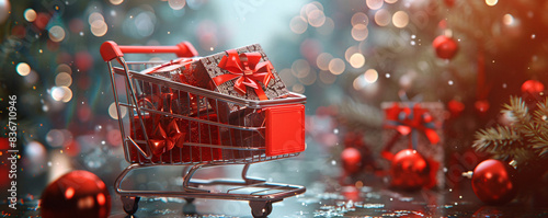 Miniature shopping cart filled with shiny red gift boxes, blurred christmas background