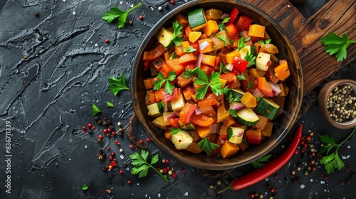  Assorted stewed vegetables with bell pepper zucchini and parsley 