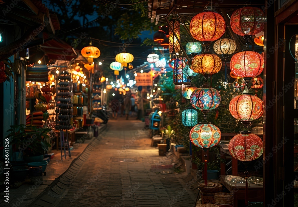 Night market in an Asian city is illuminated by strings of colorful lanterns, creating a festive and lively atmosphere. Stalls line the streets, offering a wide variety of exotic goods and street food Night market in an Asian city is illuminated by strings of colorful lanterns, creating a festive and lively atmosphere. Stalls line the streets, offering a wide variety of exotic goods and street food